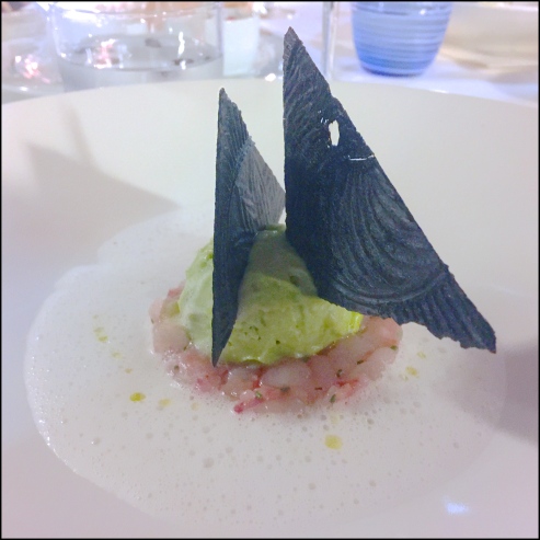 Sicilian Red Prawns with guacamole ice cream, coconut cream, and cuttlefish ink waffles
